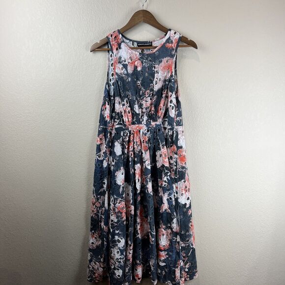 Hemant Nandita Dress Women 4 Pink Blue Eyelet Sleeveless Spring‎ Romantic - Picture 1 of 9